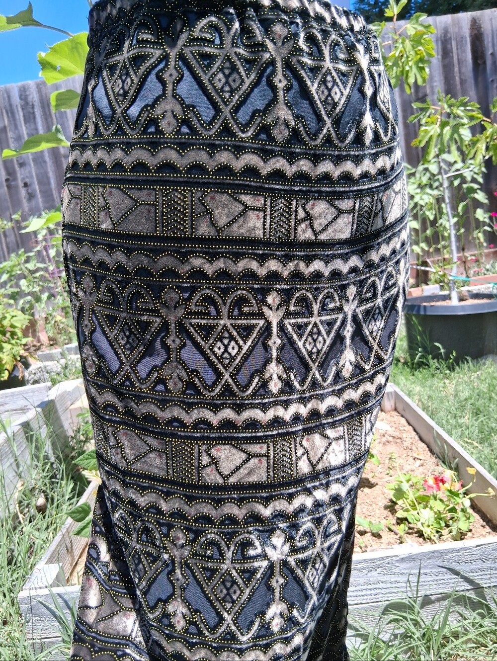 Vintage Chico's Design Art Deco Maxi Skirt with Upraised Gold Accents. Size 3